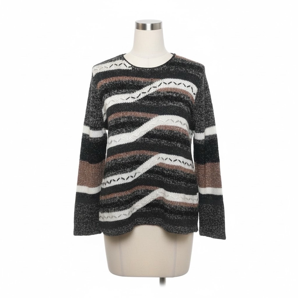 Vintage Striped Knit Sweater Brown Black Cream Abstract Wavy Pattern Size L